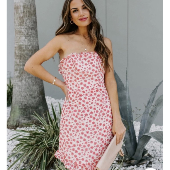 SAINTS + SECRETS Beige Red Strapless Mini Dress - Picture 1 of 7